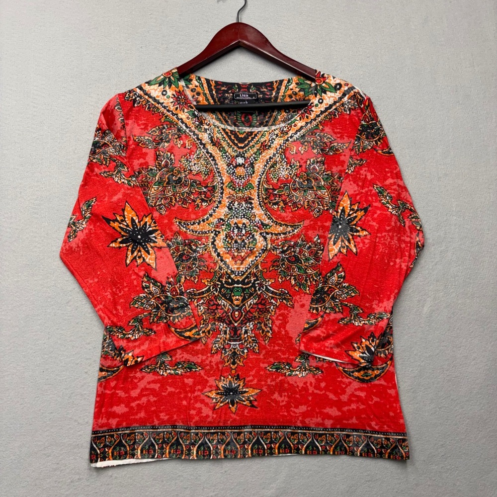 Lisa International Top Women L Red Paisley Rhinestone 3/4 Sleeve Y2K Blouse